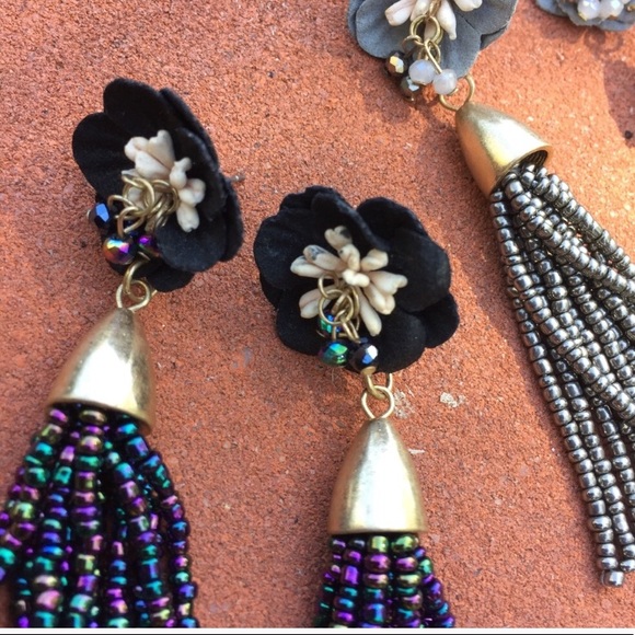 Fabric Flower Post Beaded Tassel Post Earrings - Picture 8 of 8